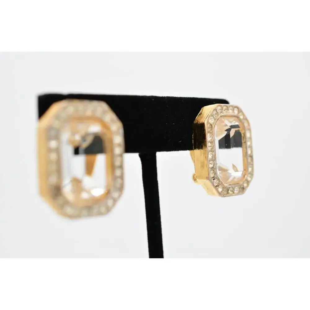 Vintage Crystal Clip On Earrings Peach Rhinestone Baguette Gold Chunky 1980s 9L